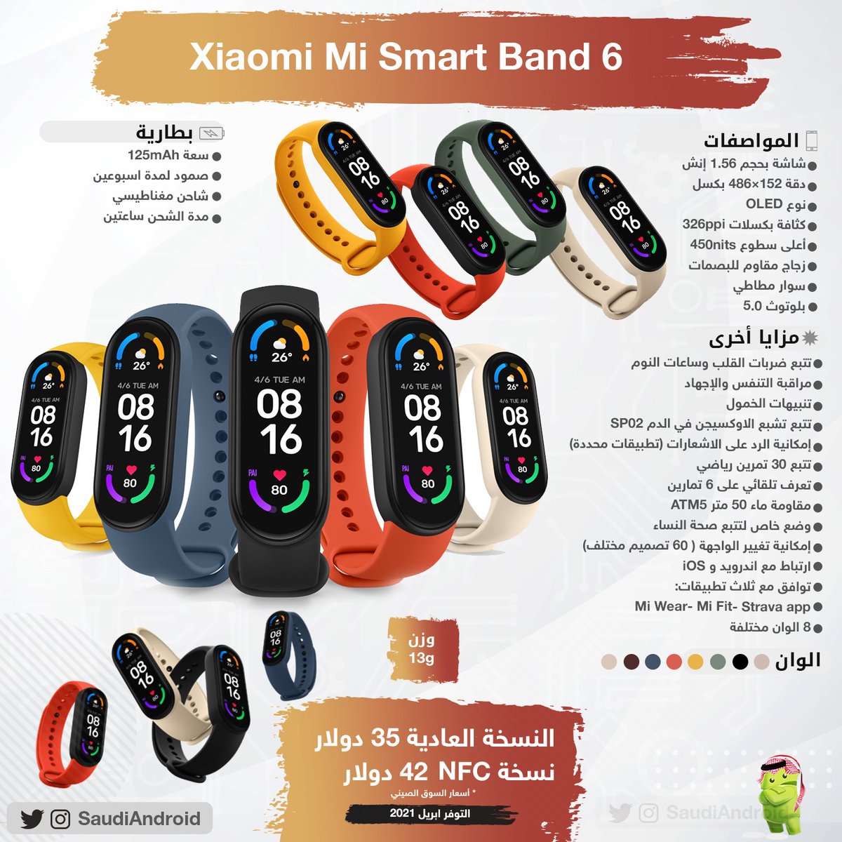 انفوجرافيك : مزايا & مواصفات سوار Mi Smart Band 6 من شاومي