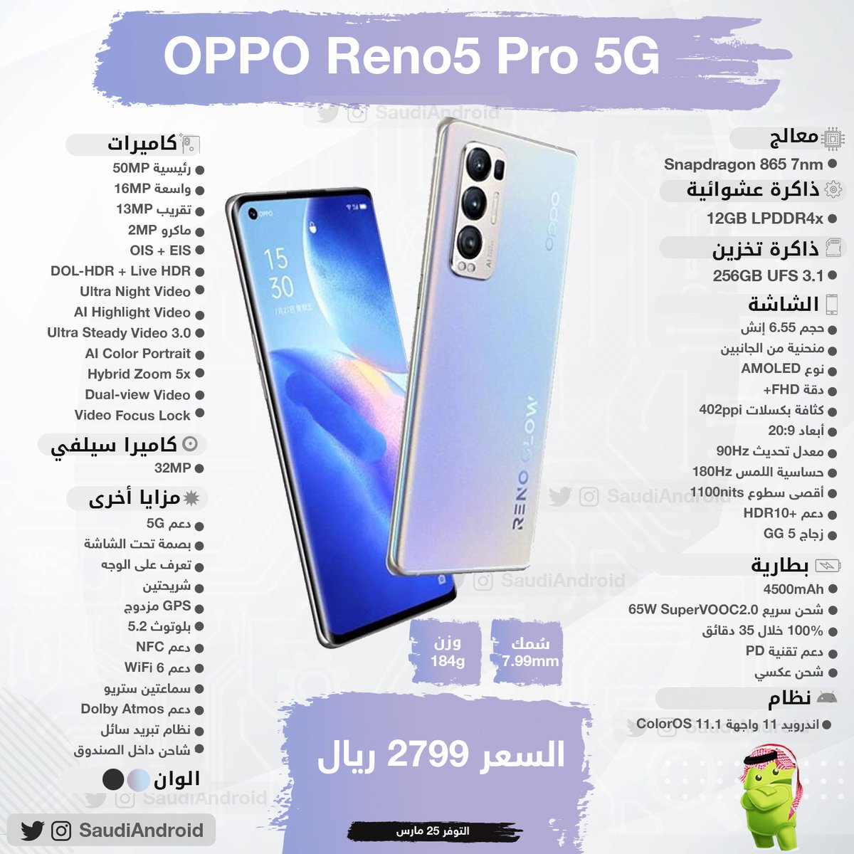 انفوجرافيك : مواصفات & مزايا هاتف أوبو رينو 5 برو OPPO Reno5 Pro 5G