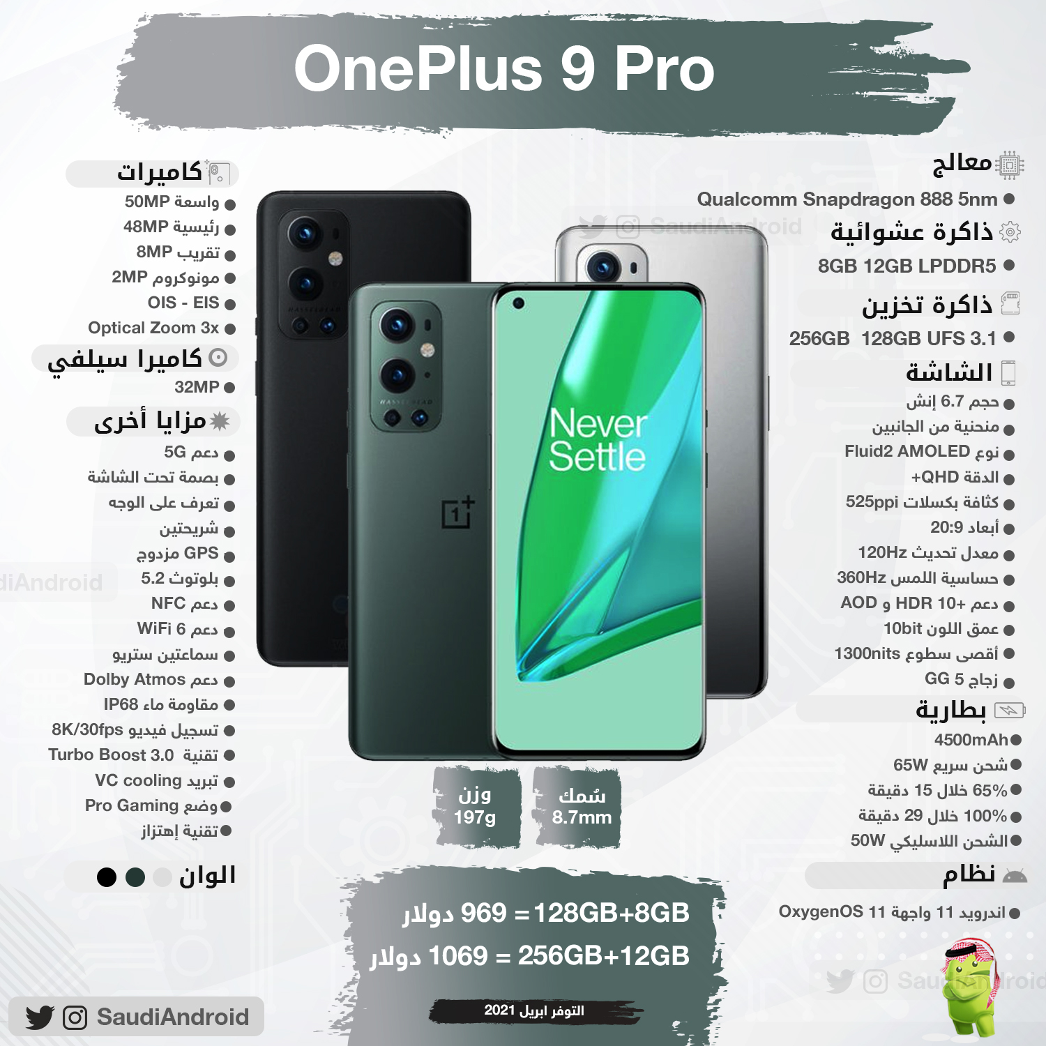 انفوجرافيك : مواصفات & مزايا هاتف ون بلس 9 برو OnePlus 9 Pro