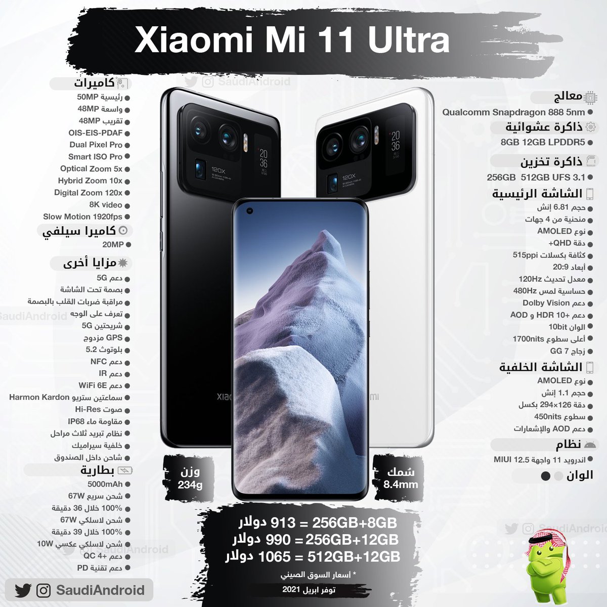 انفوجرافيك : مزايا & مواصفات هاتف مي 11 ألترا من شاومي Xiaomi Mi 11 Ultra