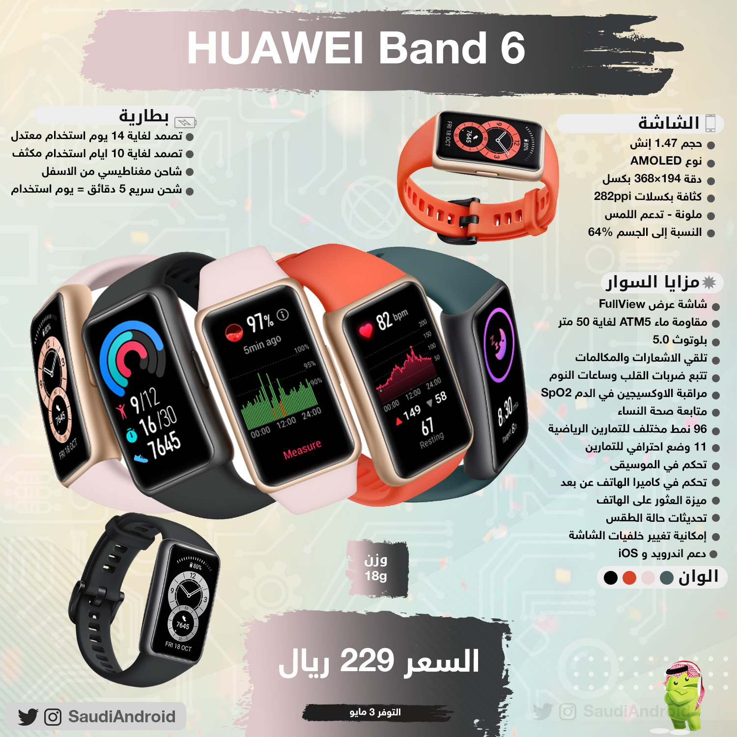 انفوجرافيك : مواصفات & مميزات سوار هواوي Huawei Band 6