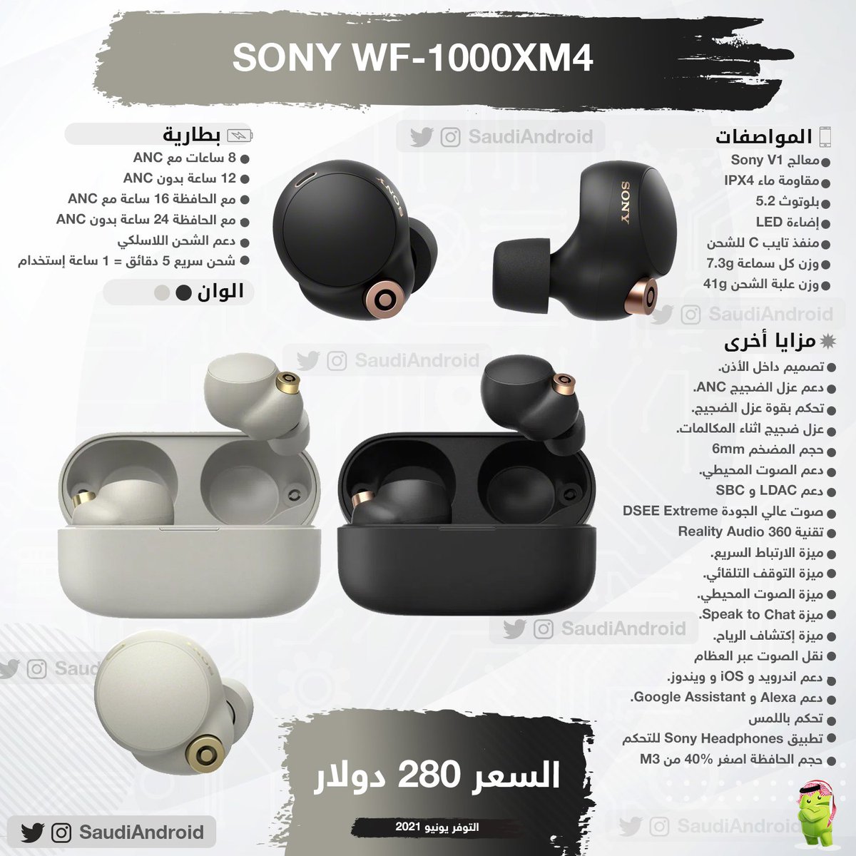 انفوجرافيك : مواصفات & مميزات سماعة سوني WF-1000XM4