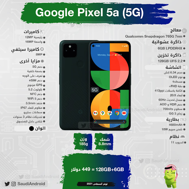 انفوجرافيك : مواصفات & مميزات هاتف قوقل بيكسل Google Pixel 5a