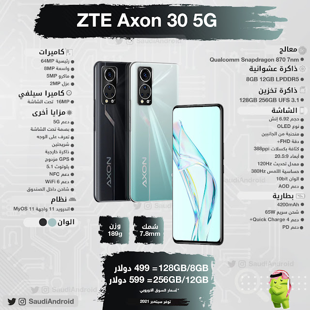 انفوجرافيك : مواصفات & مميزات هاتف ZTE اكسون ZTE Axon 30 5G