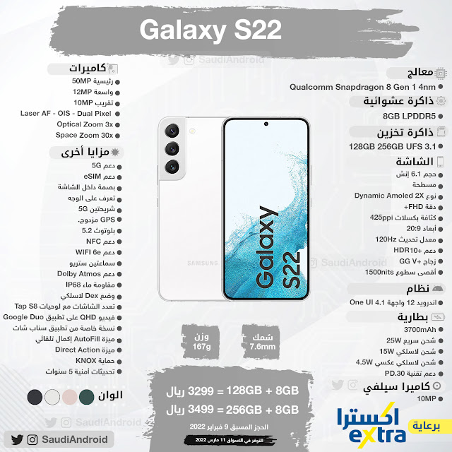 انفوجرافيك: مواصفات & مميزات هاتف Galaxy S22 | جالكسي أس 22