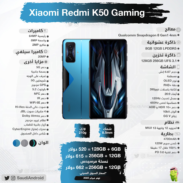 انفوجرافيك: مواصفات & مميزات هاتف شاومي للألعاب Xiaomi Redmi K50 Gaming