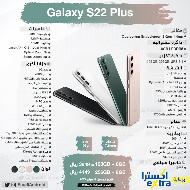 انفوجرافيك: مواصفات & مميزات هاتف Galaxy S22 Plus | جالكسي أس 22 بلس