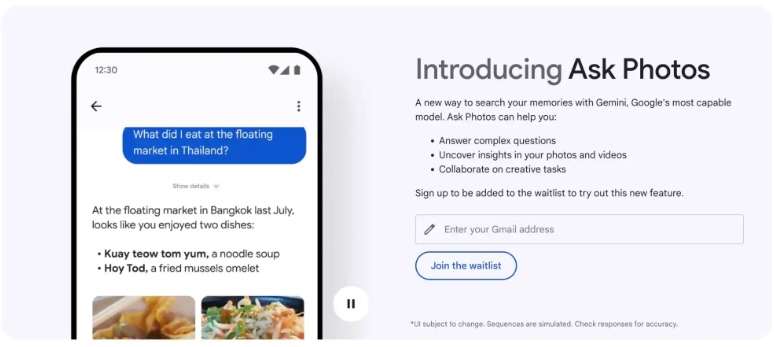 بعد أن تم استعراضها في مؤتمر المطورين I/O 2024 في مايو، بدأت خدمة صور قوقل "Google Photos" في طرح الوصول المبكر إلى ميزة اسأل الصور"Ask Photos" لمجموعة مختارة من المستخدمين في الولايات المتحدة على نظامي Android وiOS.